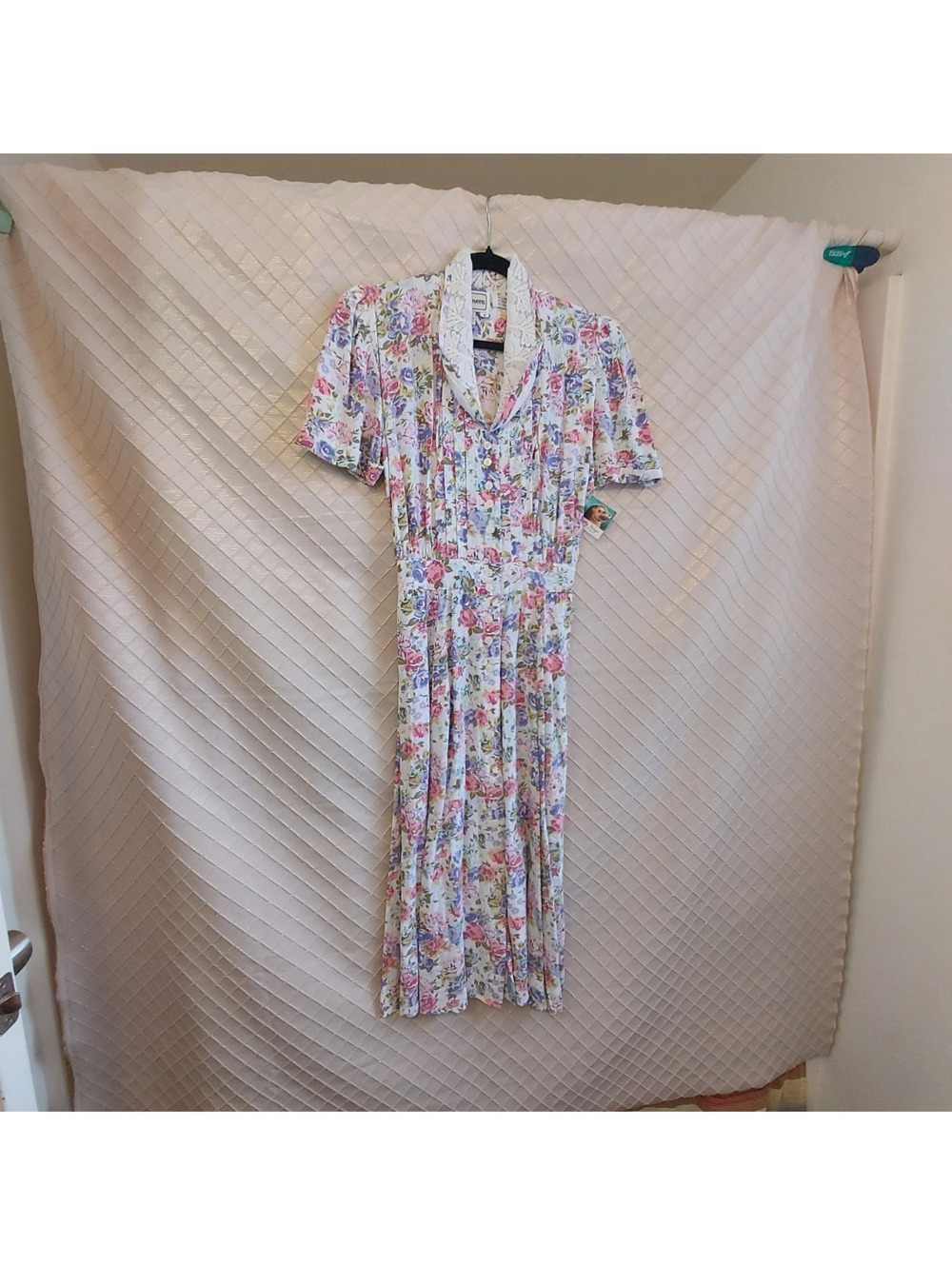 Karin Stevens Floral Rayon Maxi Dress Lace Collar Button Front Short Sleeve 8